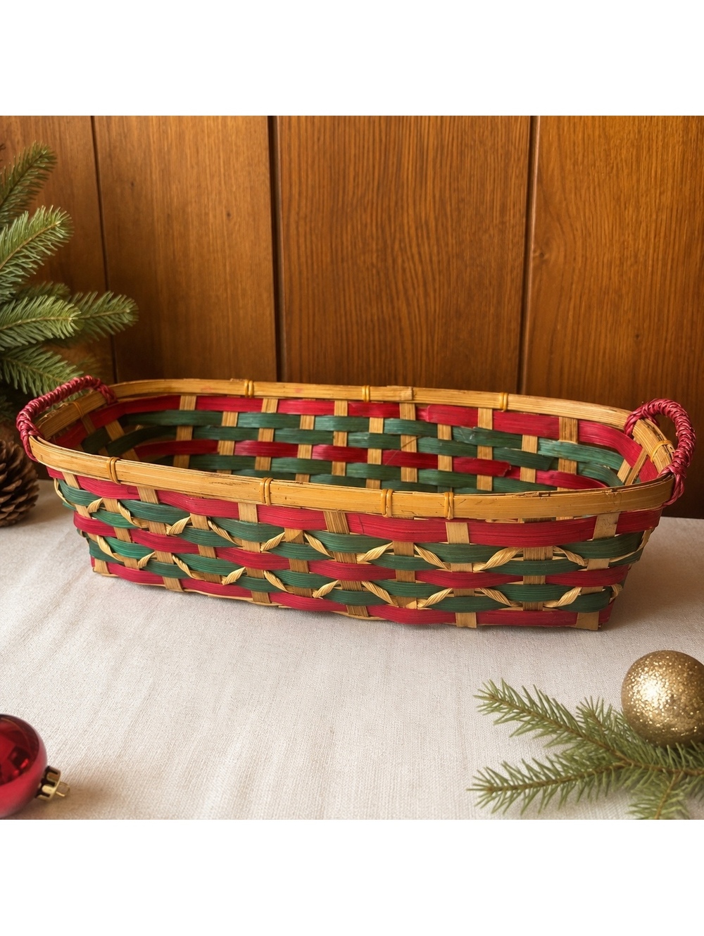 Vintage Christmas Woven Basket Red Green Natural Bamboo Holiday Serving Basket